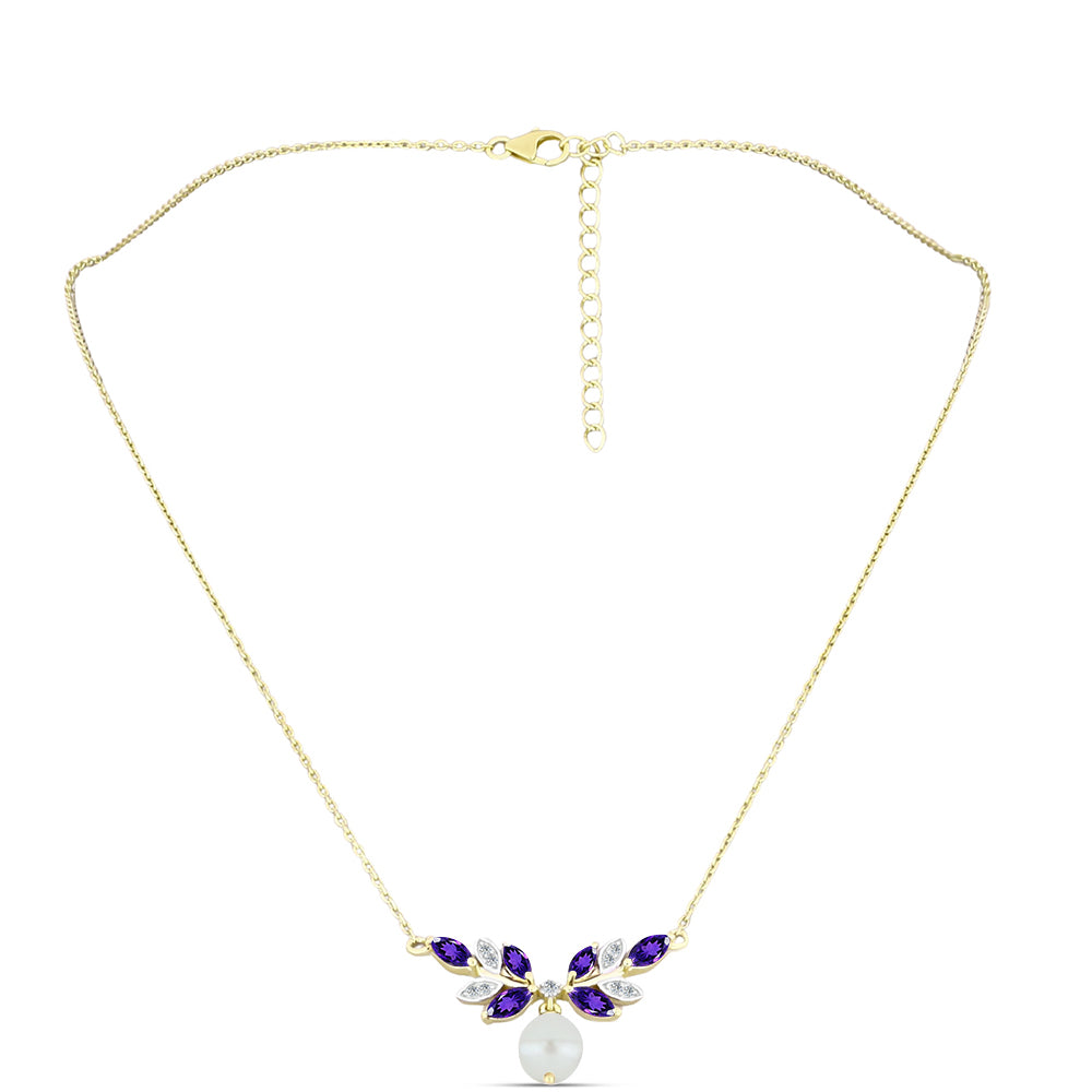 Colier din Argint 925 Placat cu Aur ( 4.54 grame ) cu Ametist Marocan și Perlă de Apă Dulce Albă 4.48 Carate