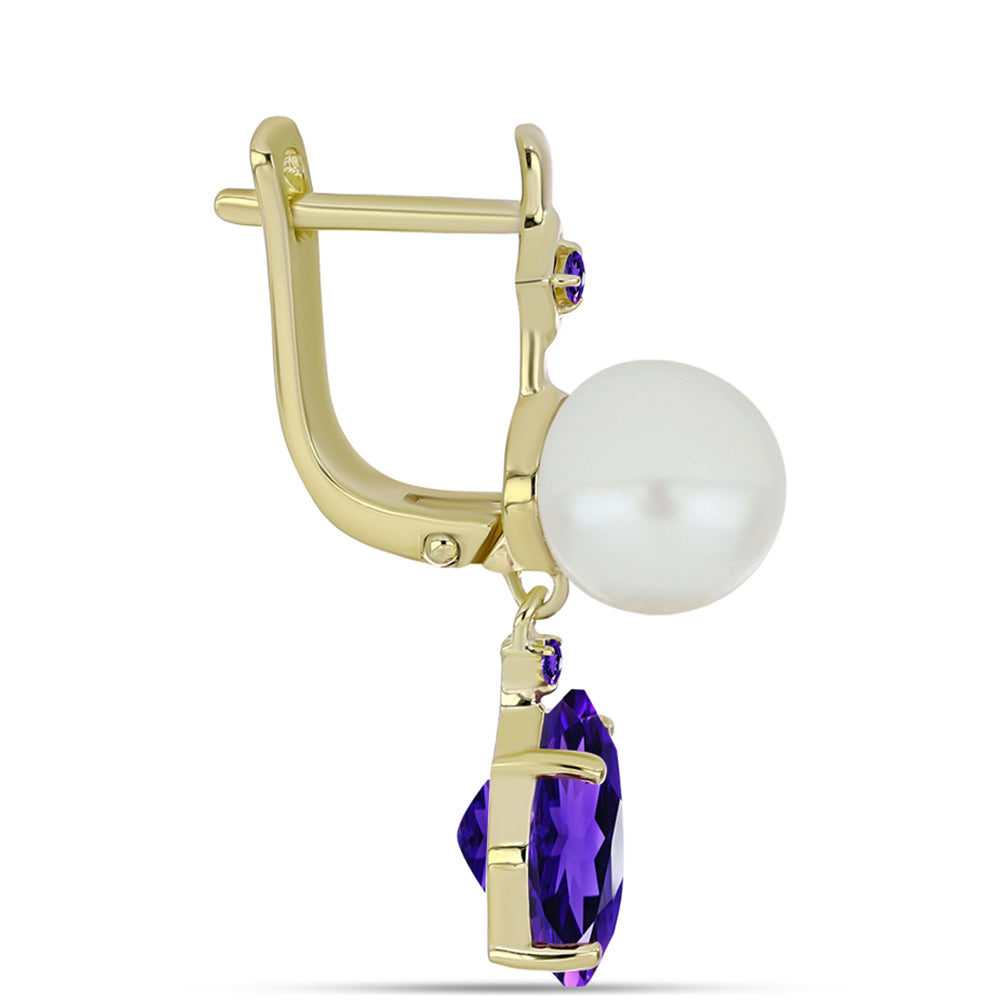 Cercei din Argint 925 Placat cu Aur ( 2.76 grame ) cu Ametist Marocan și Perlă de Apă Dulce Albă 10.69 Carate