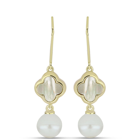 Cercei din Argint 925 Placat cu Aur ( 3.18 grame ) cu Sidef și Perlă de Apă Dulce Albă 9.45 Carate