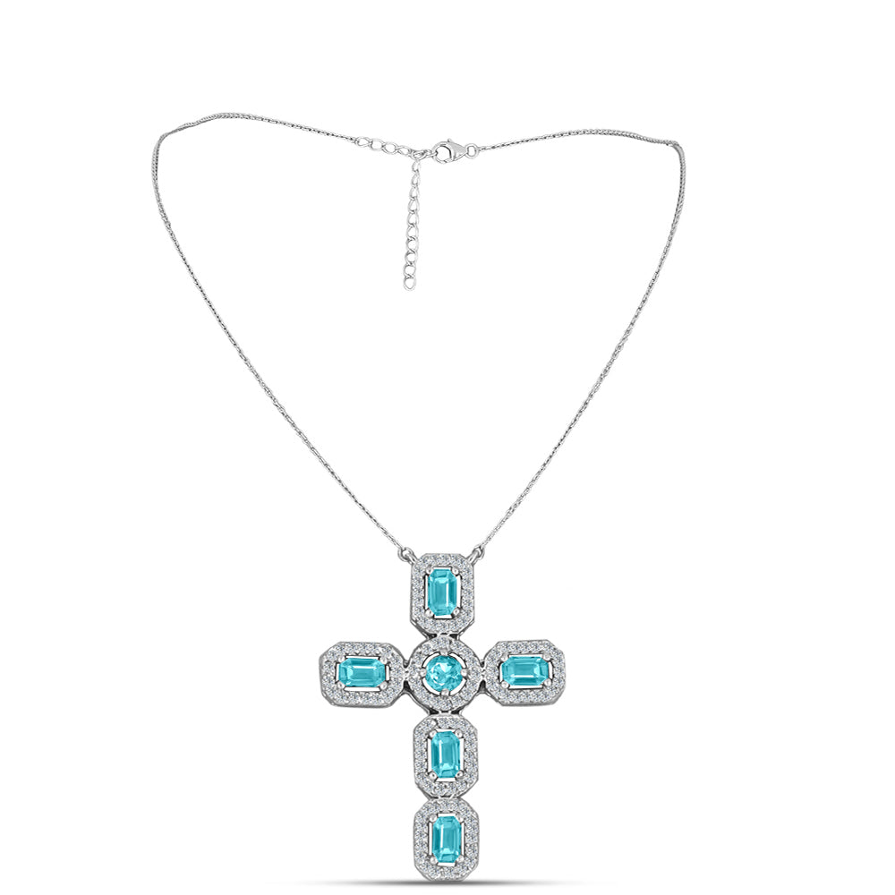 Cruce Colier din Argint 925 ( 6.19 grame ) cu Cuarț Paraiba și Topaz Alb 2.21 Carate ( Colier+Pandantiv )