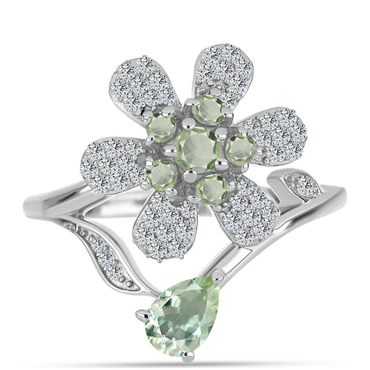 Inel din Argint 925 ( 3.93 grame ) cu Ametist Verde și Topaz Alb 1.08 Carate