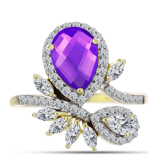 Inel din Argint 925 Placat cu Aur ( 3.22 grame ) cu Agat Violet și Topaz Alb 2.88 Carate