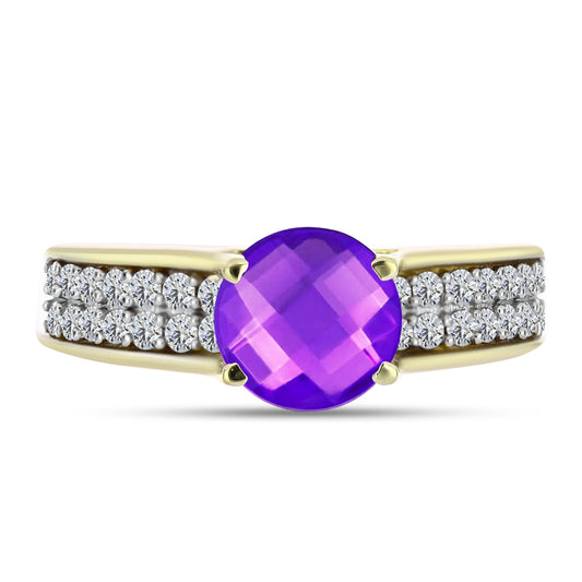 Inel din Argint 925 Placat cu Aur ( 3.46 grame ) cu Agat Violet și Topaz Alb 2.12 Carate