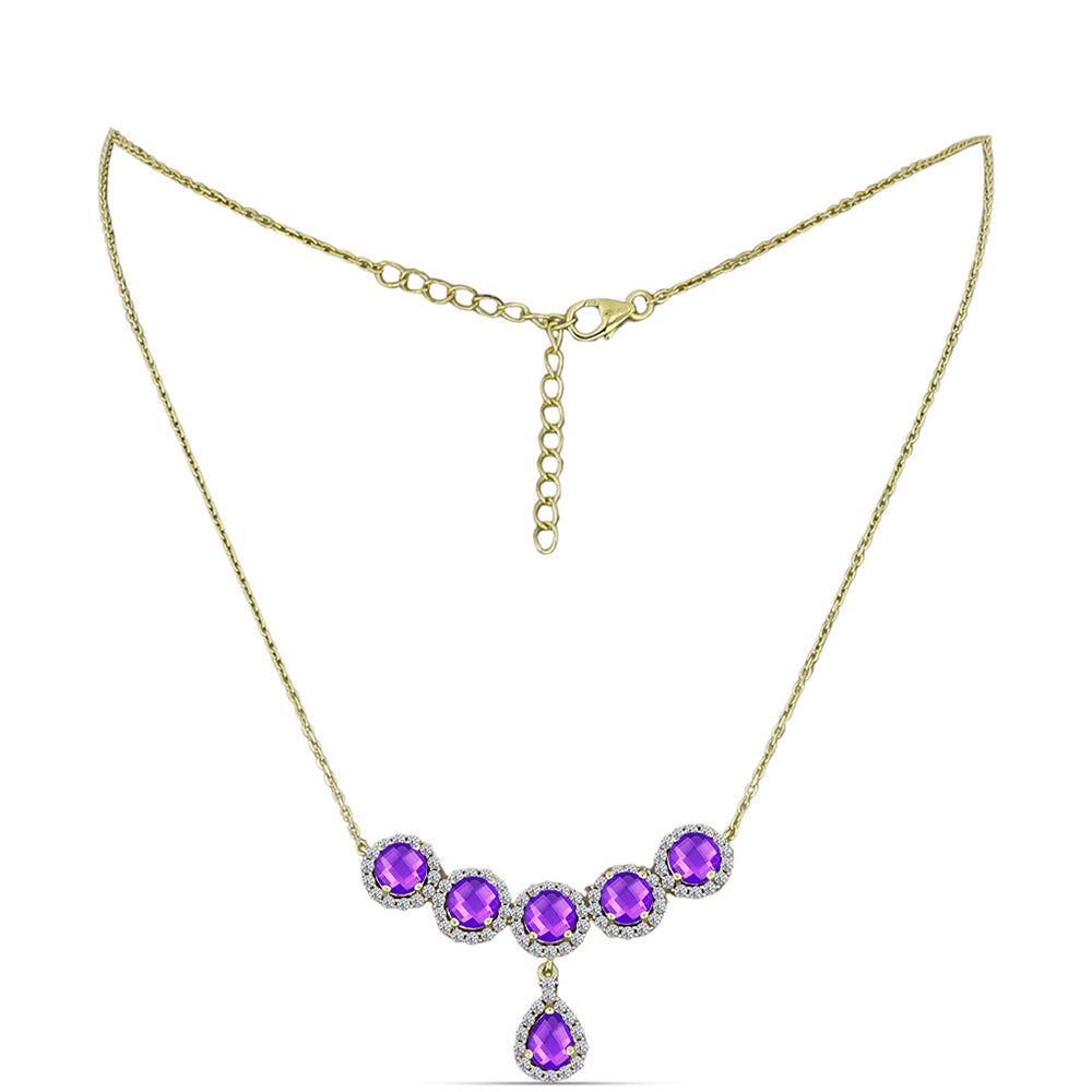 Colier din Argint 925 Placat cu Aur ( 7.43 grame ) cu Agat Violet și Topaz Alb 5.9 Carate