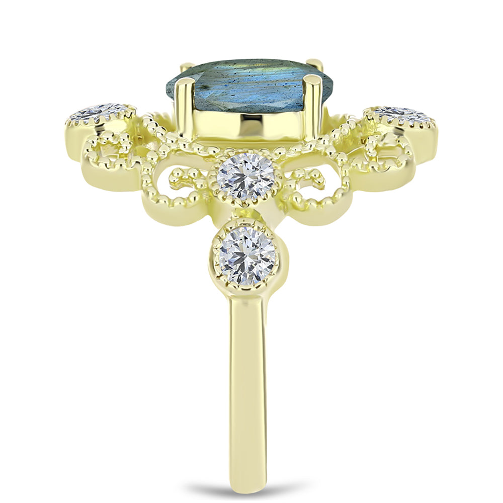 Inel din Argint 925 Placat cu Aur ( 3.65 grame ) cu Labradorit și Topaz Alb 2.9 Carate