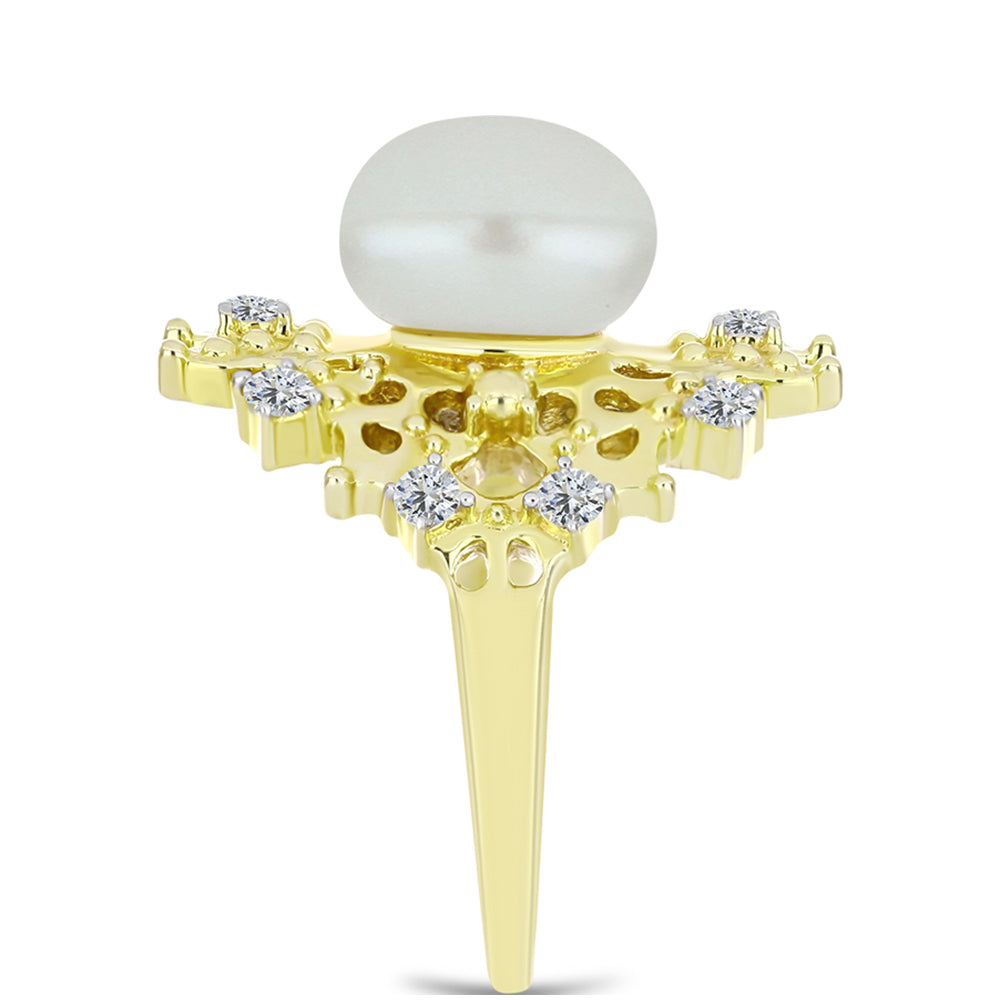Inel din Argint 925 Placat cu Aur ( 5.96 grame ) cu Perlă de Apă Dulce Albă și Topaz Alb 5.37 Carate
