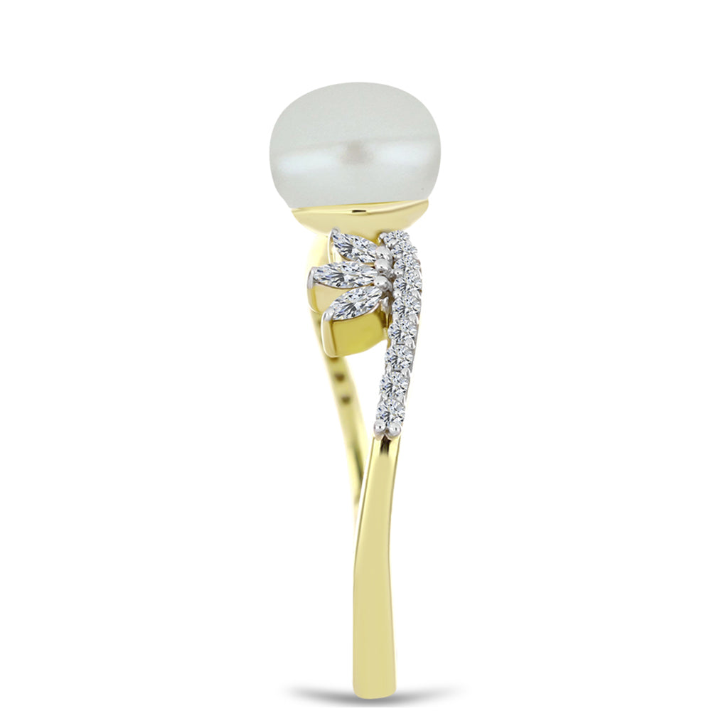Inel din Argint 925 Placat cu Aur ( 2.23 grame ) cu Perlă de Apă Dulce Albă și Zircon Alb 3.33 Carate