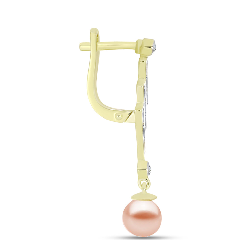 Cercei din Argint 925 Placat cu Aur ( 3.93 grame ) cu Perlă de Apă Dulce Piersică și Zircon Alb 6.23 Carate