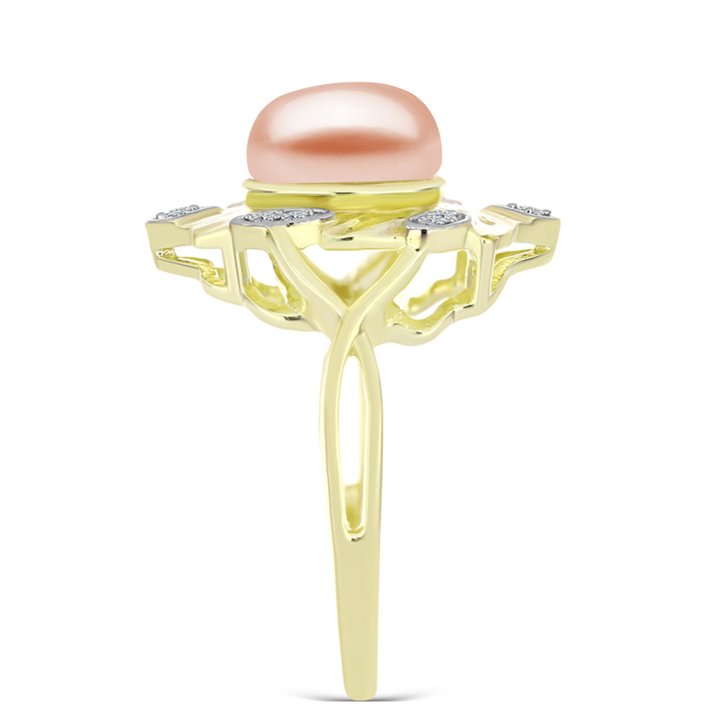 Inel din Argint 925 Placat cu Aur ( 4.91 grame ) cu Perlă de Apă Dulce Piersică și Topaz Alb 3.94 Carate