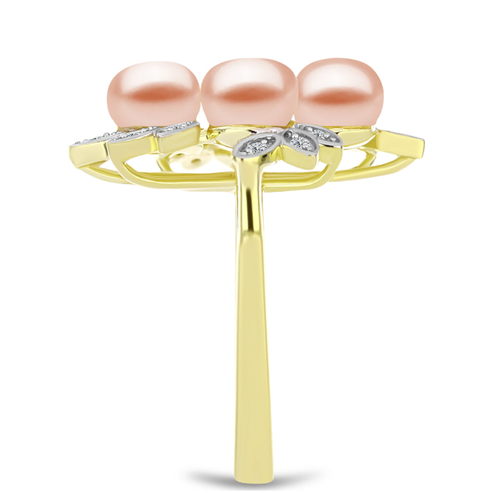 Inel din Argint 925 Placat cu Aur ( 4.44 grame ) cu Perlă de Apă Dulce Piersică și Topaz Alb 5.78 Carate