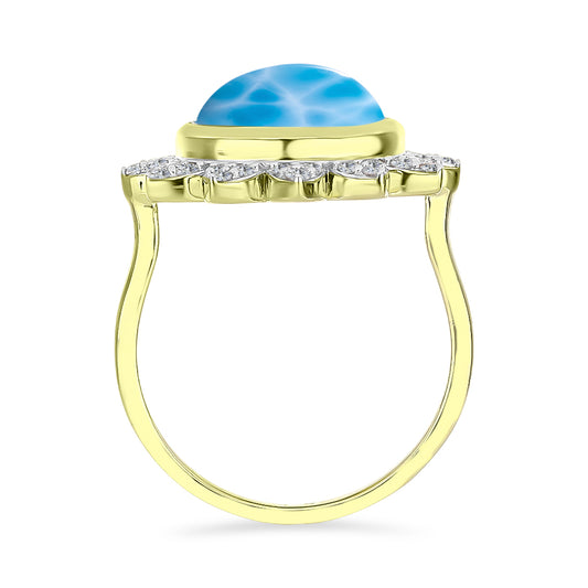 Inel din Argint 925 Placat cu Aur ( 4.88 grame ) cu Larimar(Piatra delfinului) și Topaz Alb 7.5 Carate
