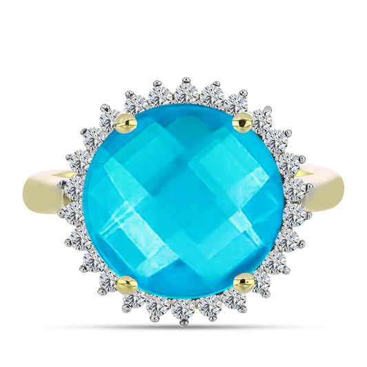 Inel din Argint 925 Placat cu Aur ( 3.23 grame ) cu Jad albastru și Topaz Alb 5.64 Carate