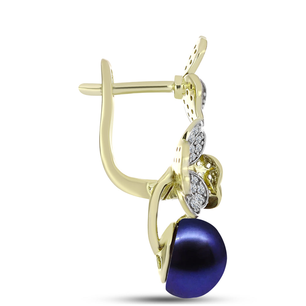 Cercei din Argint 925 Placat cu Aur ( 5.96 grame ) cu Perlă de Cultură Neagră și Topaz Alb 8.37 Carate
