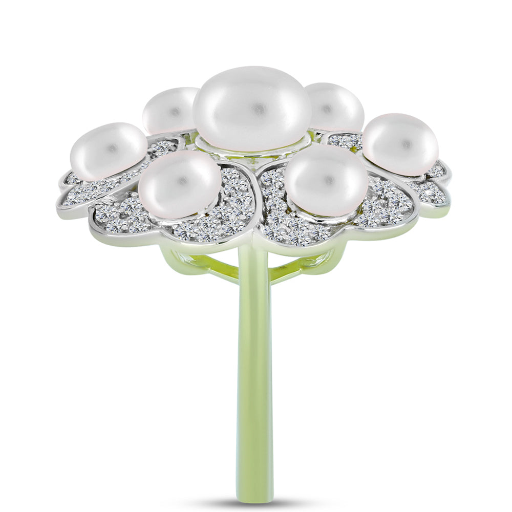 Inel din Argint 925 Placat cu Aur ( 6.53 grame ) cu Perlă de Apă Dulce Albă și Topaz Alb 9.25 Carate
