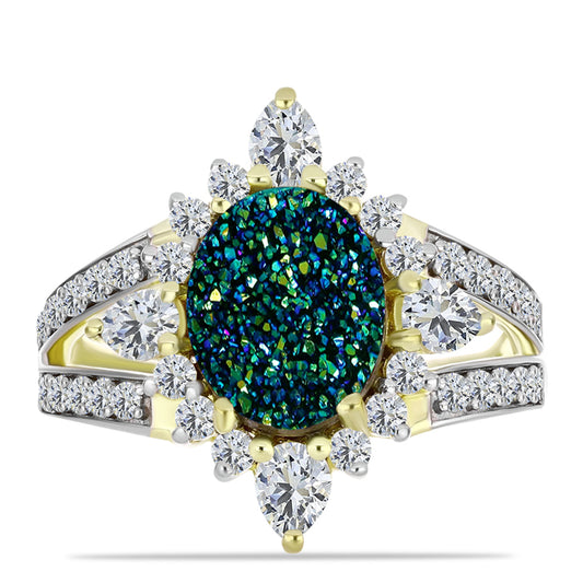 Inel din Argint 925 Placat cu Aur ( 3.67 grame ) cu Drusy Verde și Topaz Alb 4.13 Carate