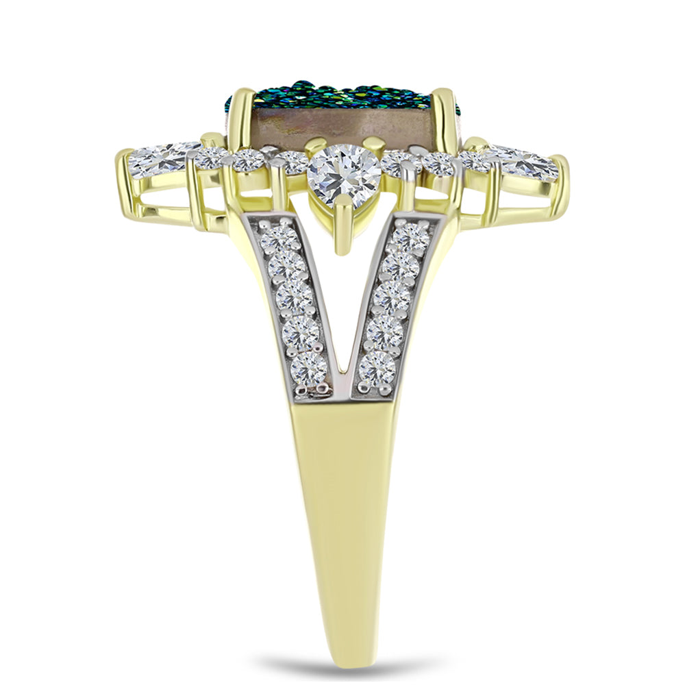 Inel din Argint 925 Placat cu Aur ( 3.67 grame ) cu Drusy Verde și Topaz Alb 4.13 Carate