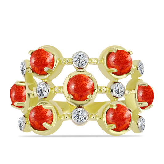 Inel din Argint 925 Placat cu Aur ( 4.43 grame ) cu Coral Roșu Burete și Topaz Alb 2.33 Carate