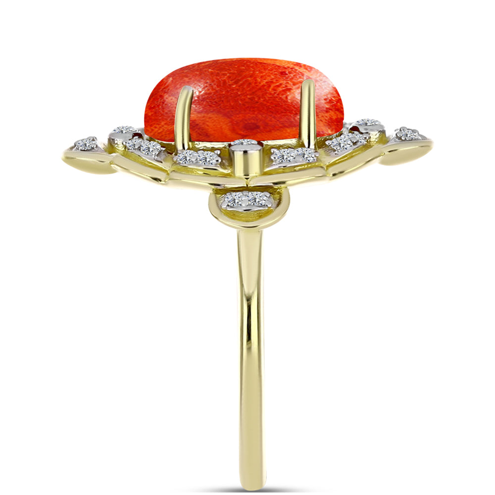 Inel din Argint 925 Placat cu Aur ( 4.56 grame ) cu Coral Roșu Burete și Topaz Alb 3.27 Carate