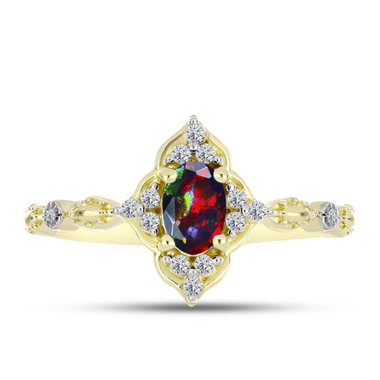 Inel din Argint 925 Placat cu Aur ( 2.48 grame ) cu Opal Etiopian Negru Lega Dembi și Topaz Alb 0.37 Carate