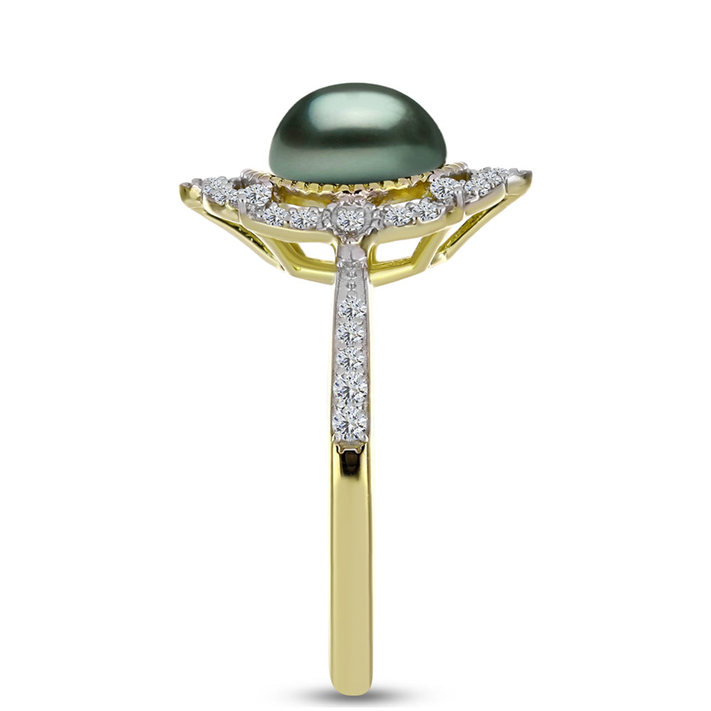 Inel din Argint 925 Placat cu Aur ( 3.82 grame ) cu Perlă De apă Dulce cu Efect "Verde Tahitian" și Topaz Alb 2.56 Carate
