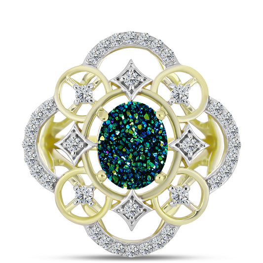 Inel din Argint 925 Placat cu Aur ( 4.6 grame ) cu Drusy Verde și Topaz Alb 3.33 Carate