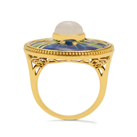 Inel din Argint 925 Placat cu Aur ( 6.64 grame ) cu Piatra Lunii Curcubeu și Topaz Alb 2.6 Carate