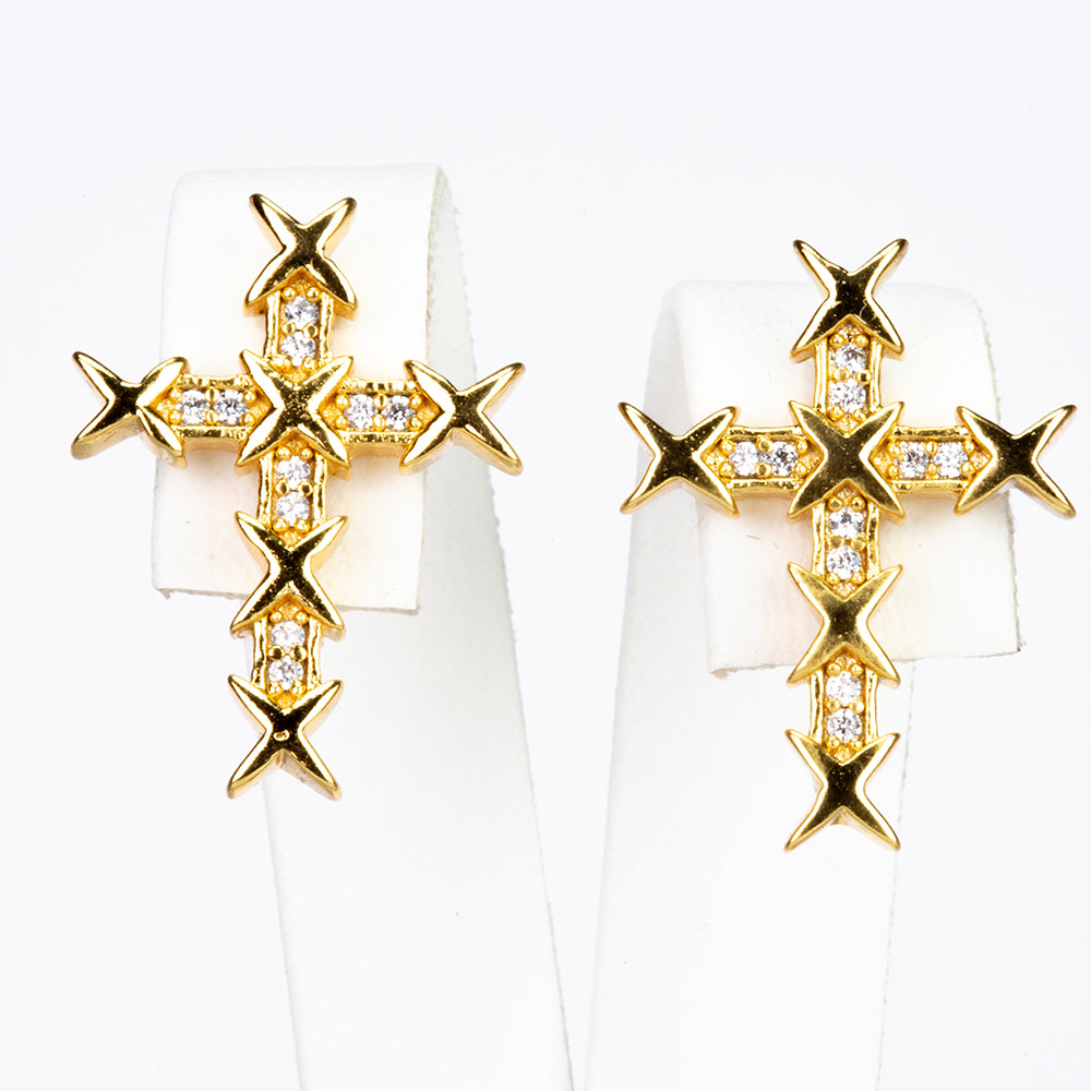 Cruce Set din Aliaj Placat cu Aur ( 8.33 grame ) cu Cristal Alb Emporia® ( Colier+Cercei+Pandantiv )