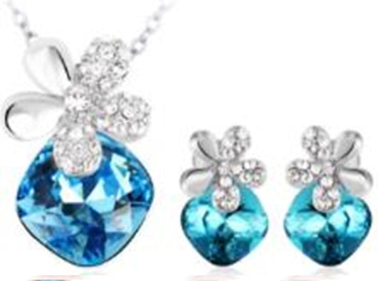 Set din Aliaj Placat cu Aur cu Cristal Albastru Emporia® ( Cercei+Pandantiv )