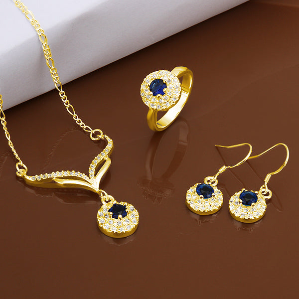 Set din Aliaj Placat cu Aur cu Cristal Albastru Emporia® ( Colier+Cercei+Inel )