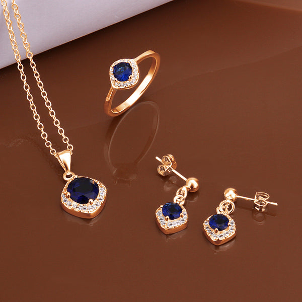 Set din Aliaj Placat cu Aur cu Cristal Albastru Emporia® ( Colier+Cercei+Inel )
