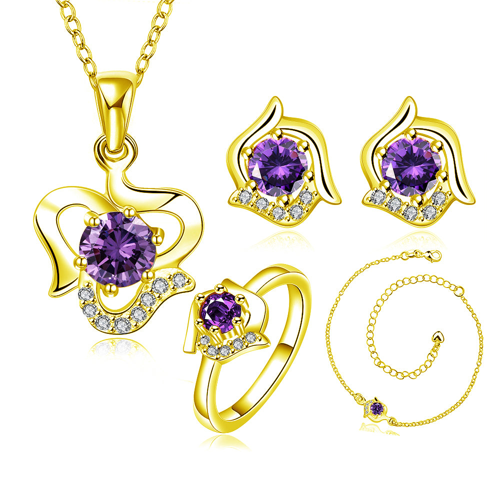 Set din Aliaj Placat cu Aur cu Cristal Violet Emporia® ( Colier+Cercei+Brățară+Inel )