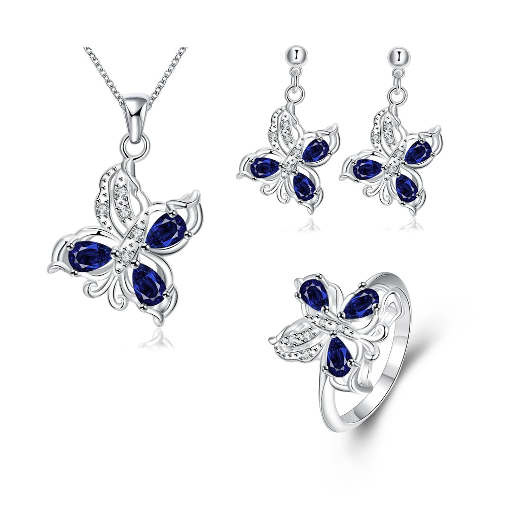 Set din Aliaj Placat cu Aur cu Cristal Albastru Emporia® ( Colier+Cercei+Inel )