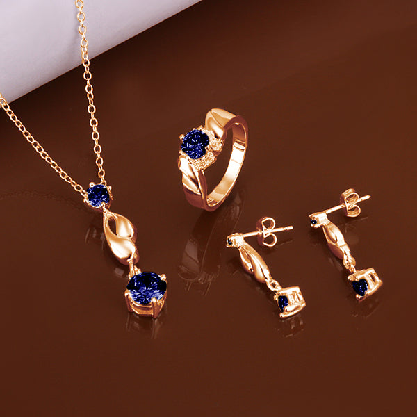 Set din Aliaj Placat cu Aur cu Cristal Albastru Emporia® ( Colier+Cercei+Inel )