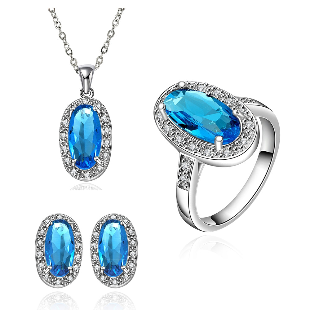 Set din Aliaj Placat cu Aur cu Cristal Albastru Emporia® ( Colier+Cercei+Inel )