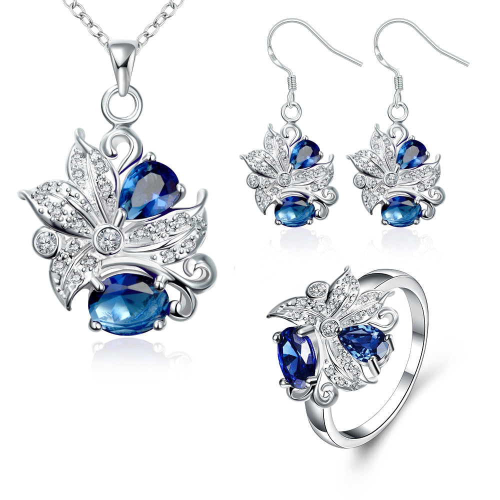 Set din Aliaj Placat cu Aur cu Cristal Albastru Emporia® ( Colier+Cercei+Inel )