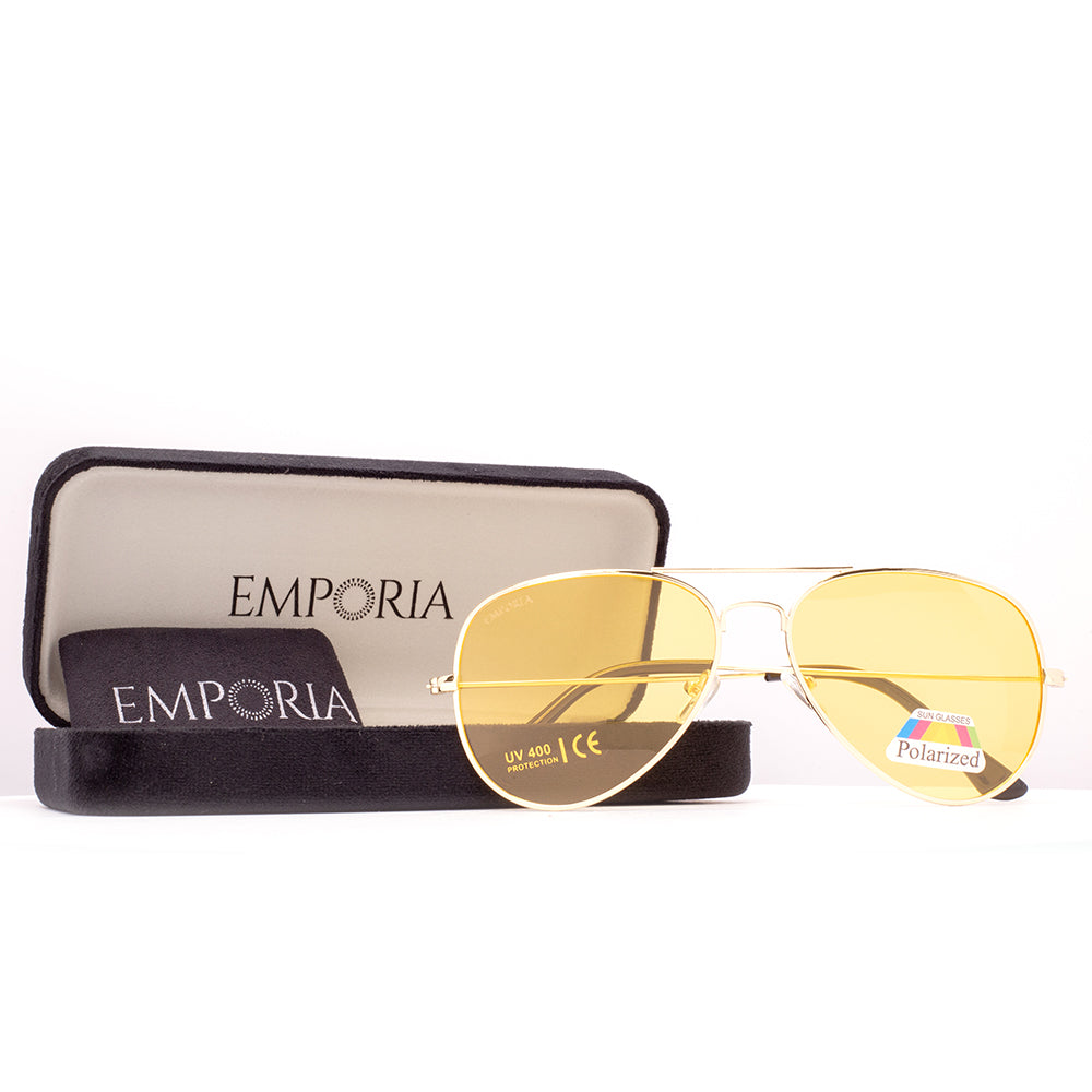 Emporia Italy - Ochelari de Soare polarizați cu filtru UV, seria Aviator "HOLLYWOOD", cu husă și lavetă de curățare, lentile galben, ramă aurie.