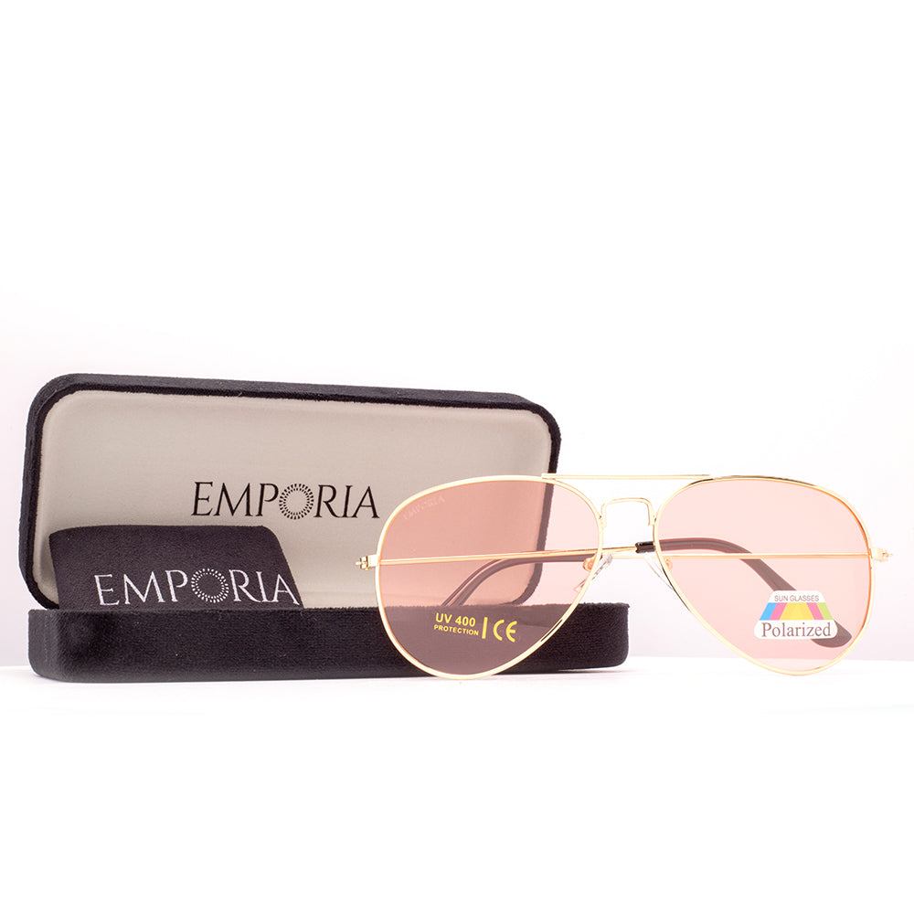 Emporia Italy - Ochelari de Soare polarizați cu filtru UV, seria Aviator "CANDY", cu husă și lavetă de curățare, lentile roz, ramă aurie.