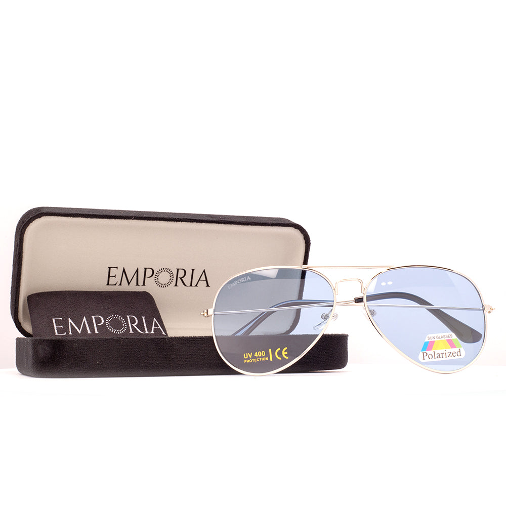 Emporia Italy - Ochelari de Soare polarizați cu filtru UV, seria Aviator "ICE", cu husă și lavetă de curățare, lentile albastru deschis, ramă argintie.