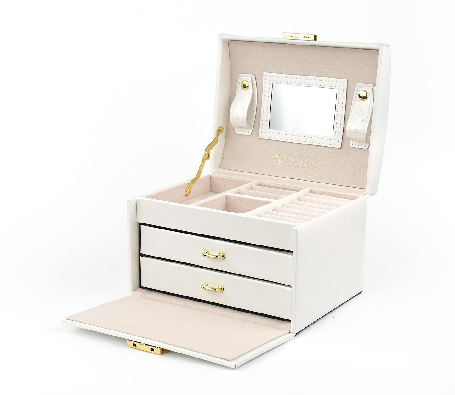 Cutie Pentru Bijuterii Portabilă Elegantă cu Interior de Piele Întoarsă, Albă - Galeria de Bijuterii