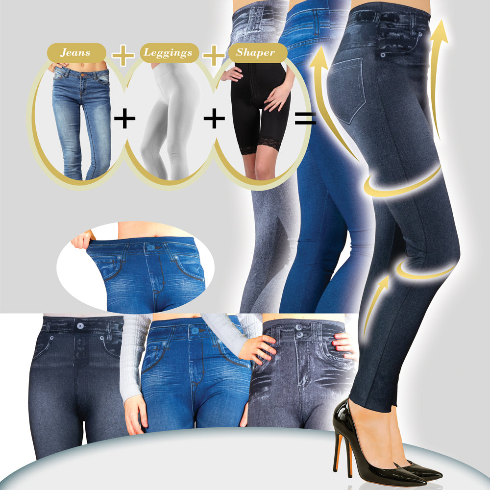 Set de 3 perechi de jeanși modelatori, cu talie înaltă, netransparenți, Jeggings (1 negru, 1 gri, 1 albastru)