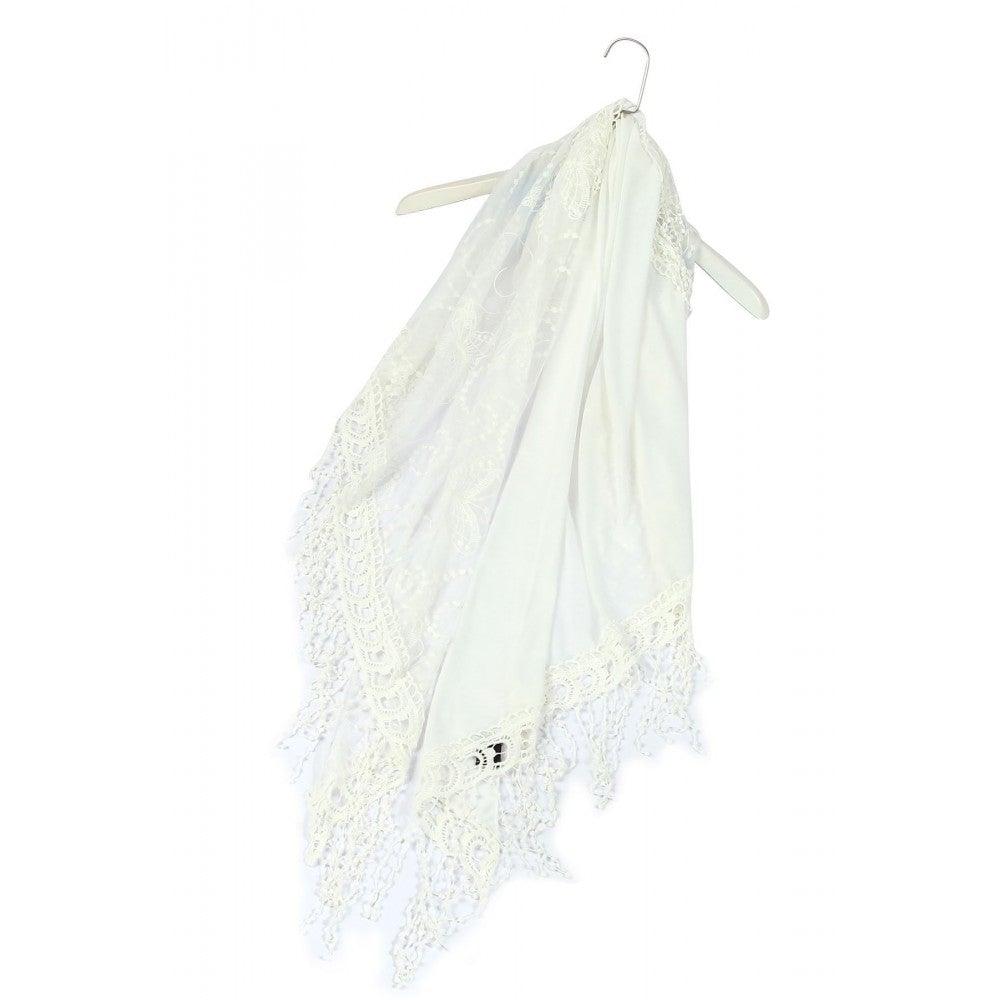 Eșarfă Trapezoidală din Bumbac, 80 cm x 198 cm x 70 cm, Model Fluture și Dantelă, Albă - Galeria de Bijuterii