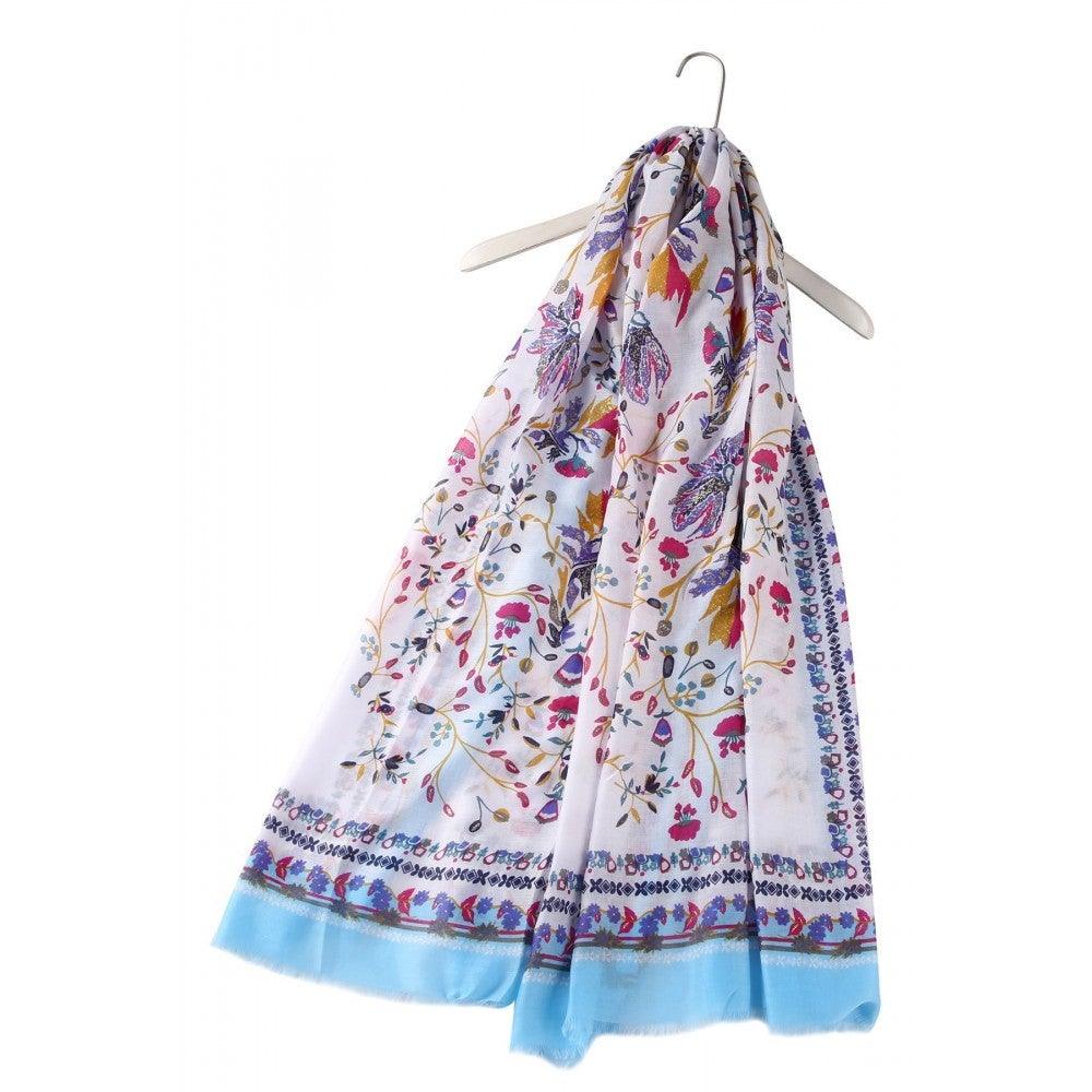 Eșarfă-Șal 90 cm x 180 Stil popular, Model Floral, Albastră - Galeria de Bijuterii