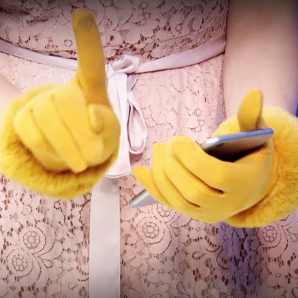 Mănuși de Iarnă Galbene Muștariu din Blană Sintetică, compatibile cu ecranul tactil