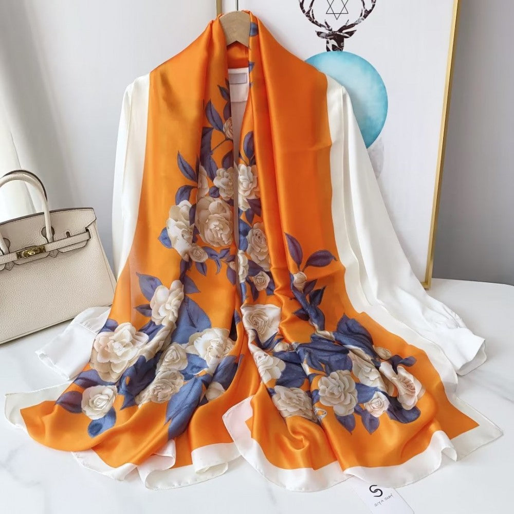Eșarfă de Mătase, 90 cm x 180 cm, Truly Love Flower, culoare portocalie, 100% mătase