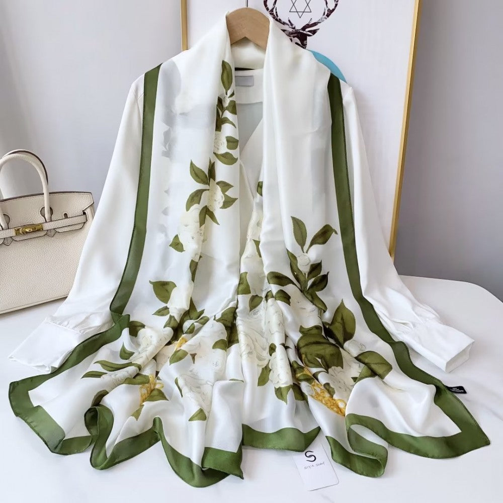 Eșarfă de Mătase, 90 cm x 180 cm, Truly Love Flower, Verde, 100% mătase