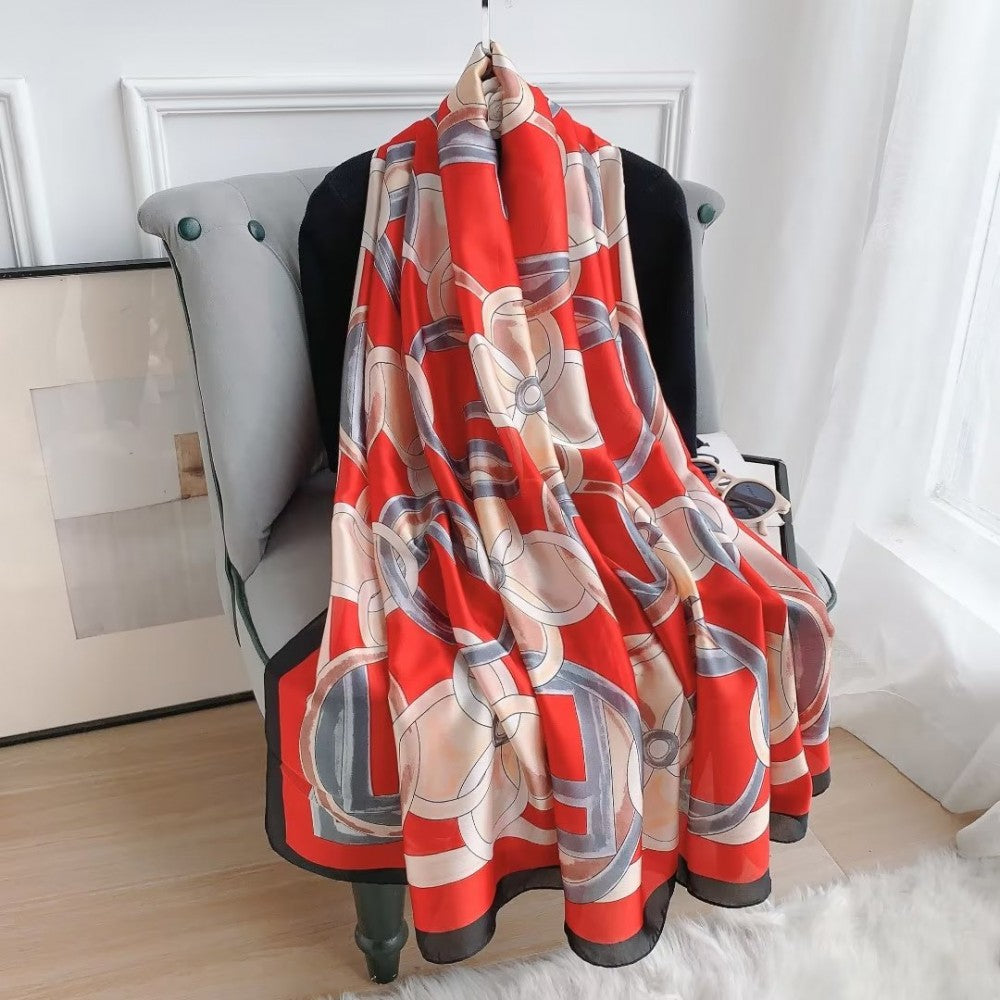 Eșarfă de Mătase, 90 cm x 180 cm, model floral frumos, roșu, 100% mătase