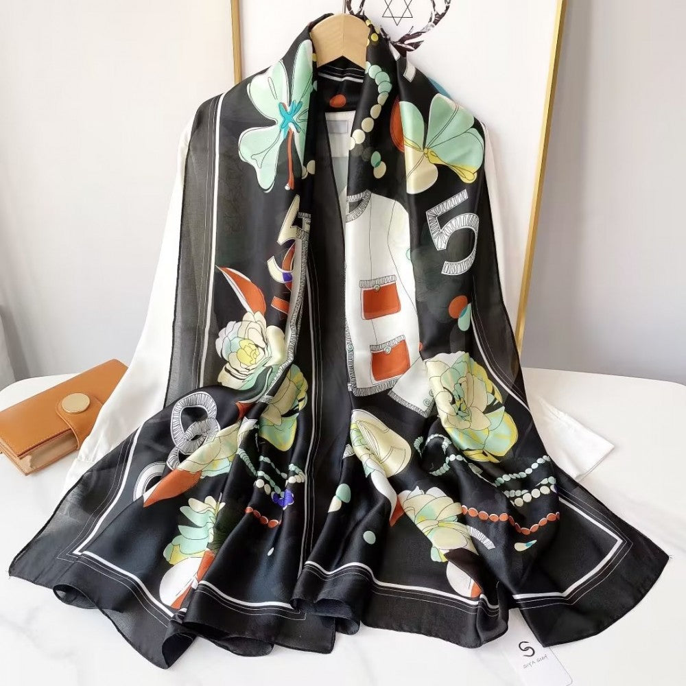 Eșarfă din Mătase, 90 cm x 180 cm, model fluture și flori, litere, cifre, neagră, 100% mătase