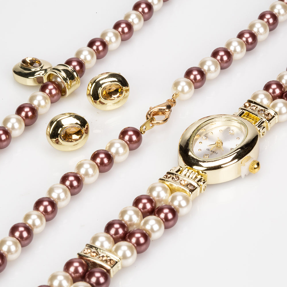 Set din Aliaj Placat cu Aur cu Perlă ( Colier+Cercei+Pandantiv )