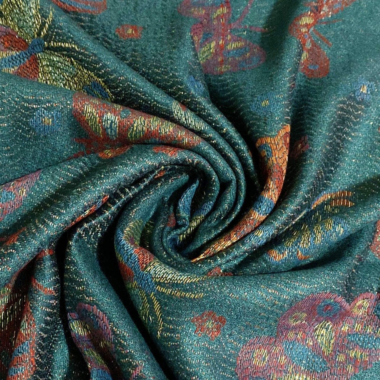 Eșarfă-Șal 100% Cașmir Pashmina Autentic, 70 cm x 170 cm, Teal Lucios cu Model Fluture - Galeria de Bijuterii