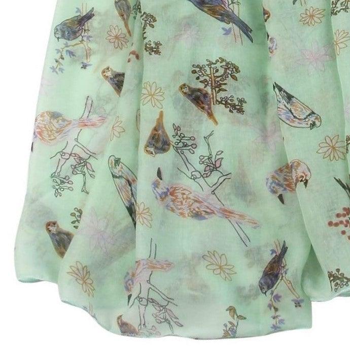 Eșarfă-șal, 90 cm x 180 cm, Verde Mentă cu Model Vrabie și Floral - Galeria de Bijuterii